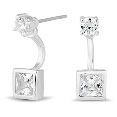 Silver cubic zirconia square front and back earring